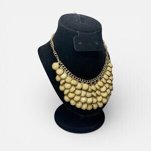 Gold Tone Coin Disc Bib Statement Necklace Cream Bezel Set Adjustable